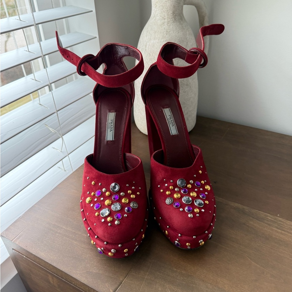 Prada Burgundy Suede Gem Embellished Jeweled Platform D'orsay Pump Heels